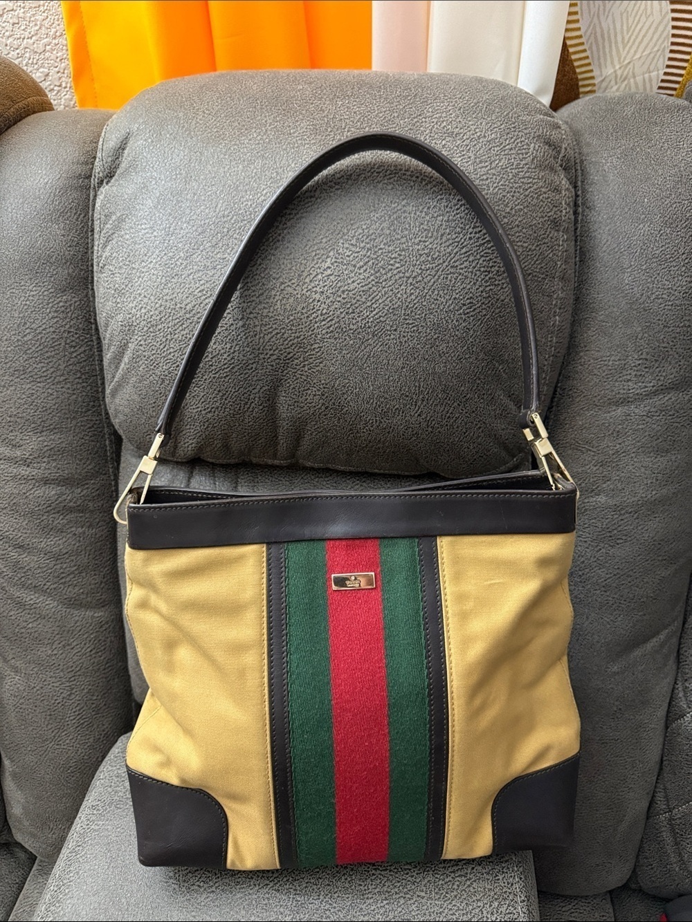 Gucci Canvas Shoulder Bag with Green and Red Stripe